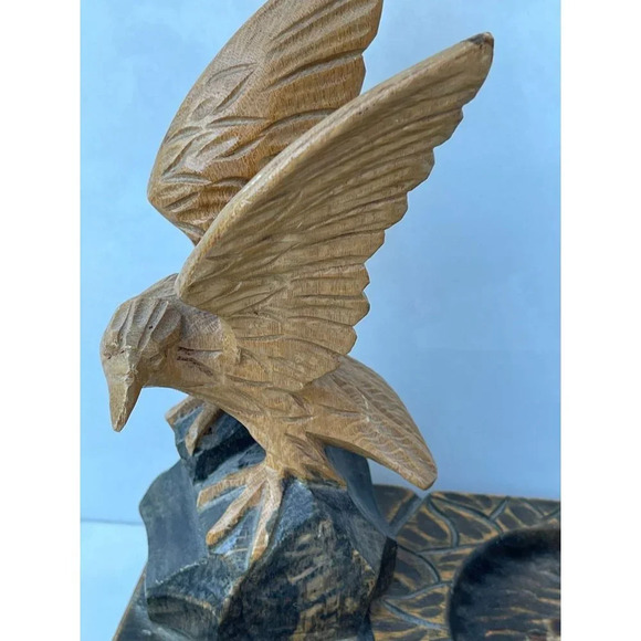 Vintage Wooden Eagle Hand Carved Bird Cigarette Ashtray Figure Brown 4"x 7.5" - Picture 8 of 16